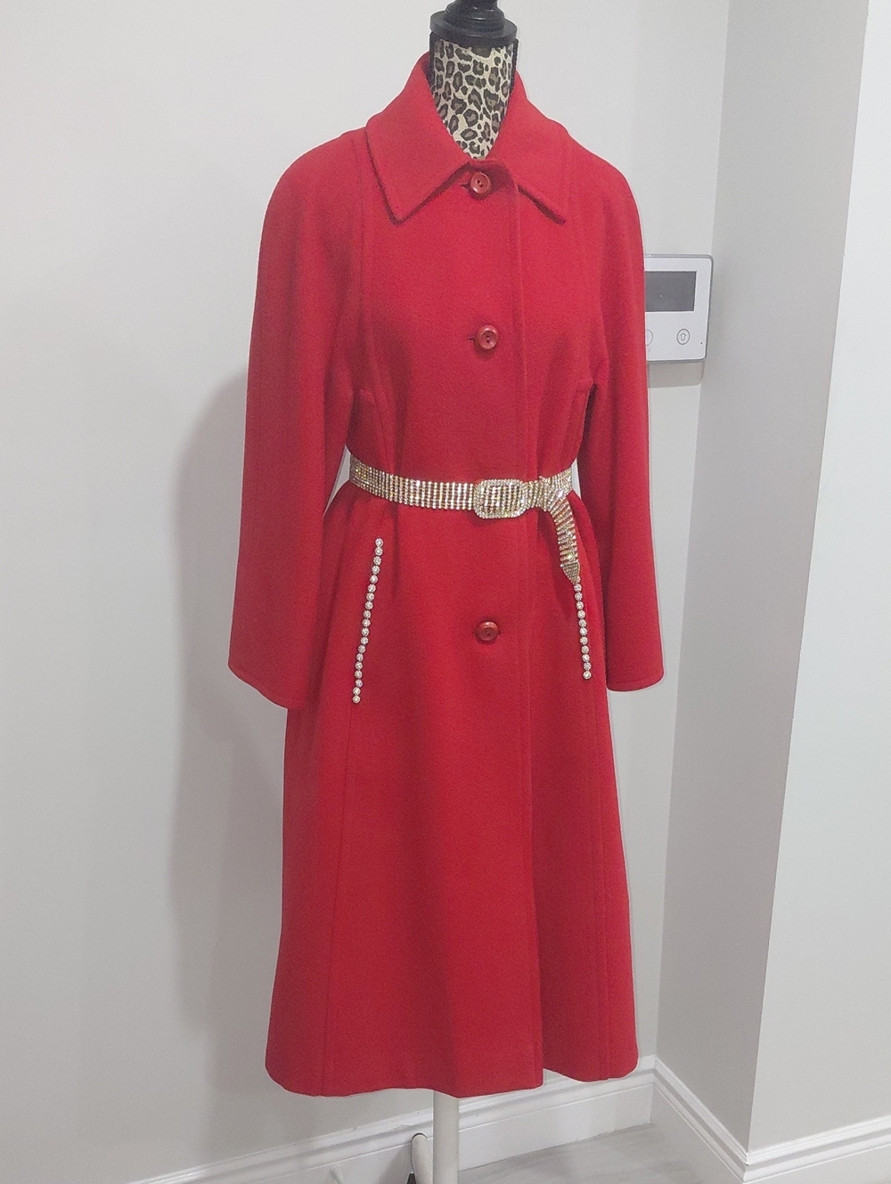 Aquascutum London Red Long-Sleeve Wool Coat Dress with Gold Belt